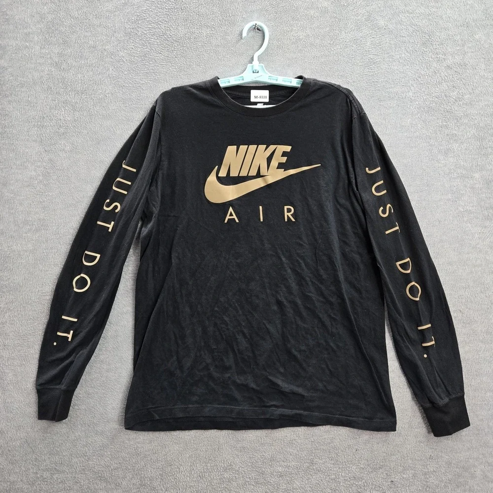 Nike‎ Men Shirt L Black Air Swoosh Logo Graphic Print Long Sleeve Crew Neck Tee